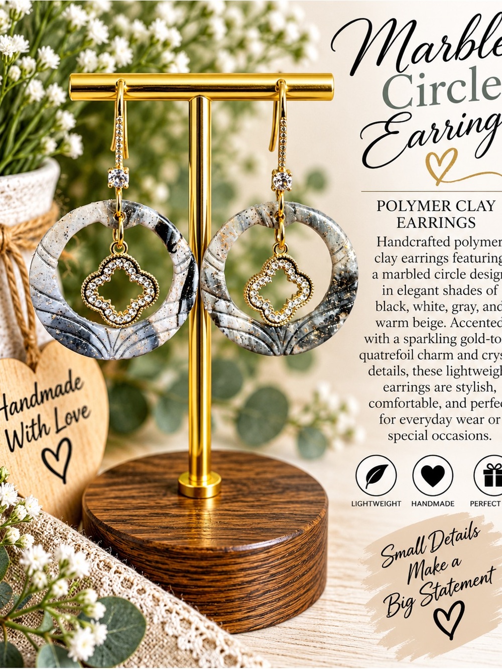 Marbled Black & White Circle Earrings with Gold Quatrefoil Charm